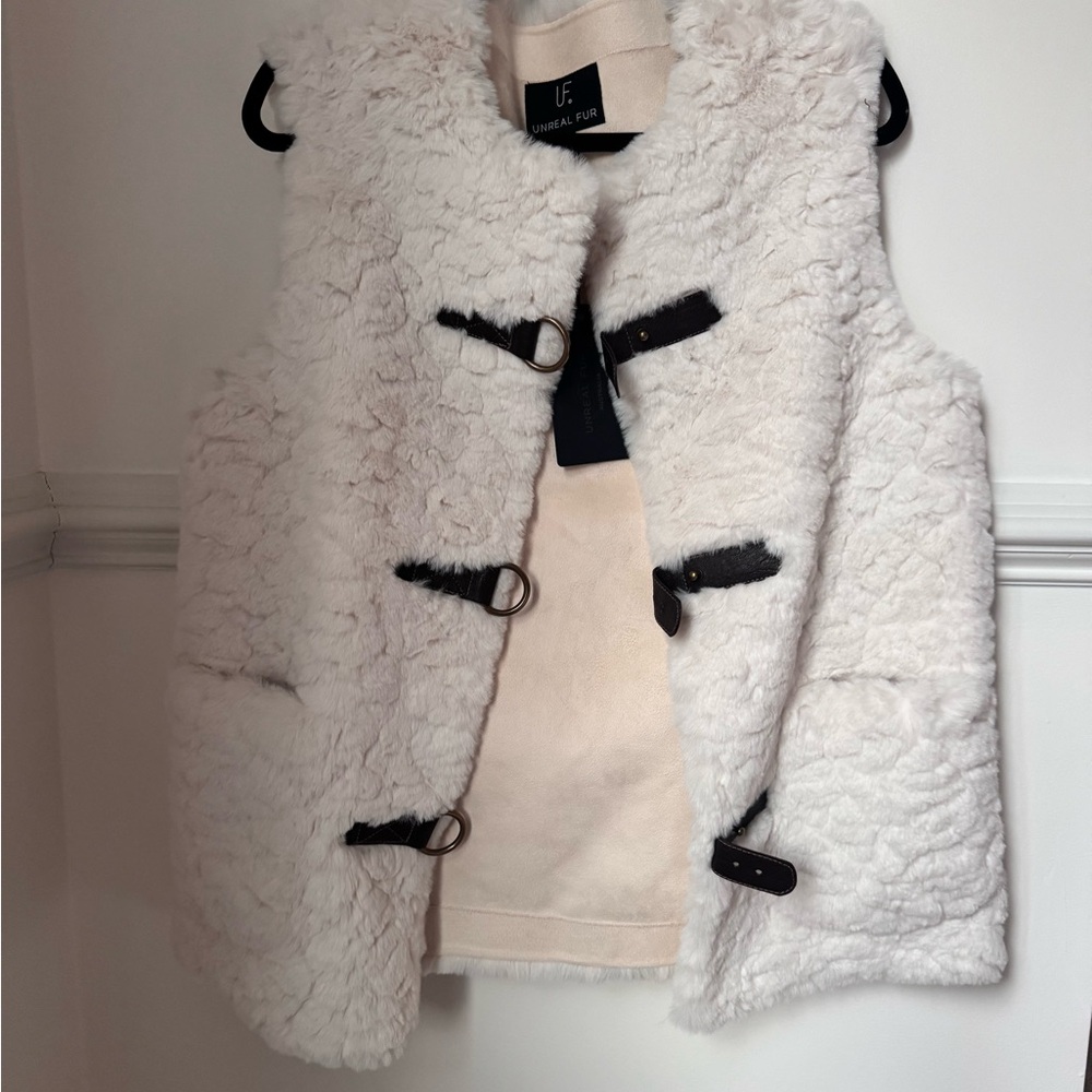 Unreal Fur Cream Faux Fur Vest with Brown trim